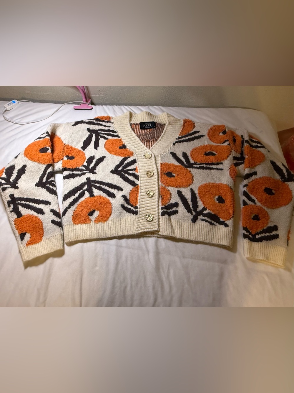Cider Cream Cardigan with Orange Floral Motif